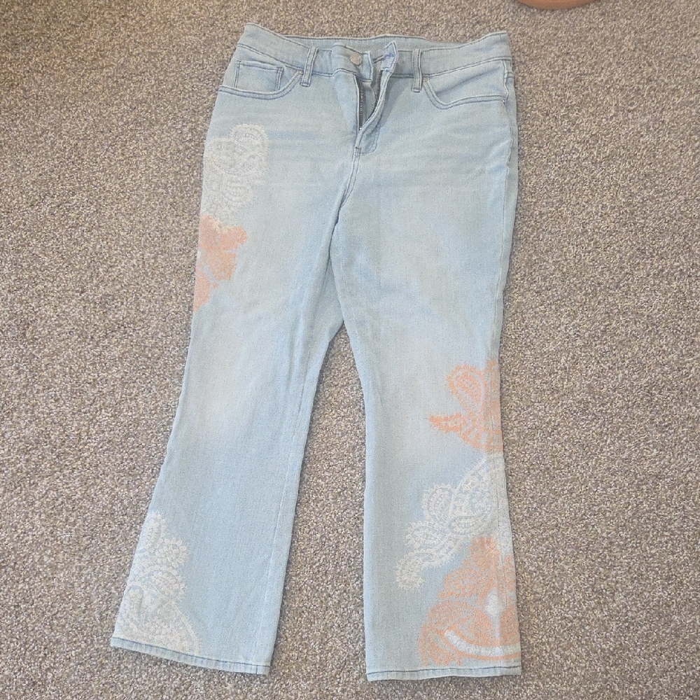 Chico's Light Blue Flare Jeans with Peach Embroidery